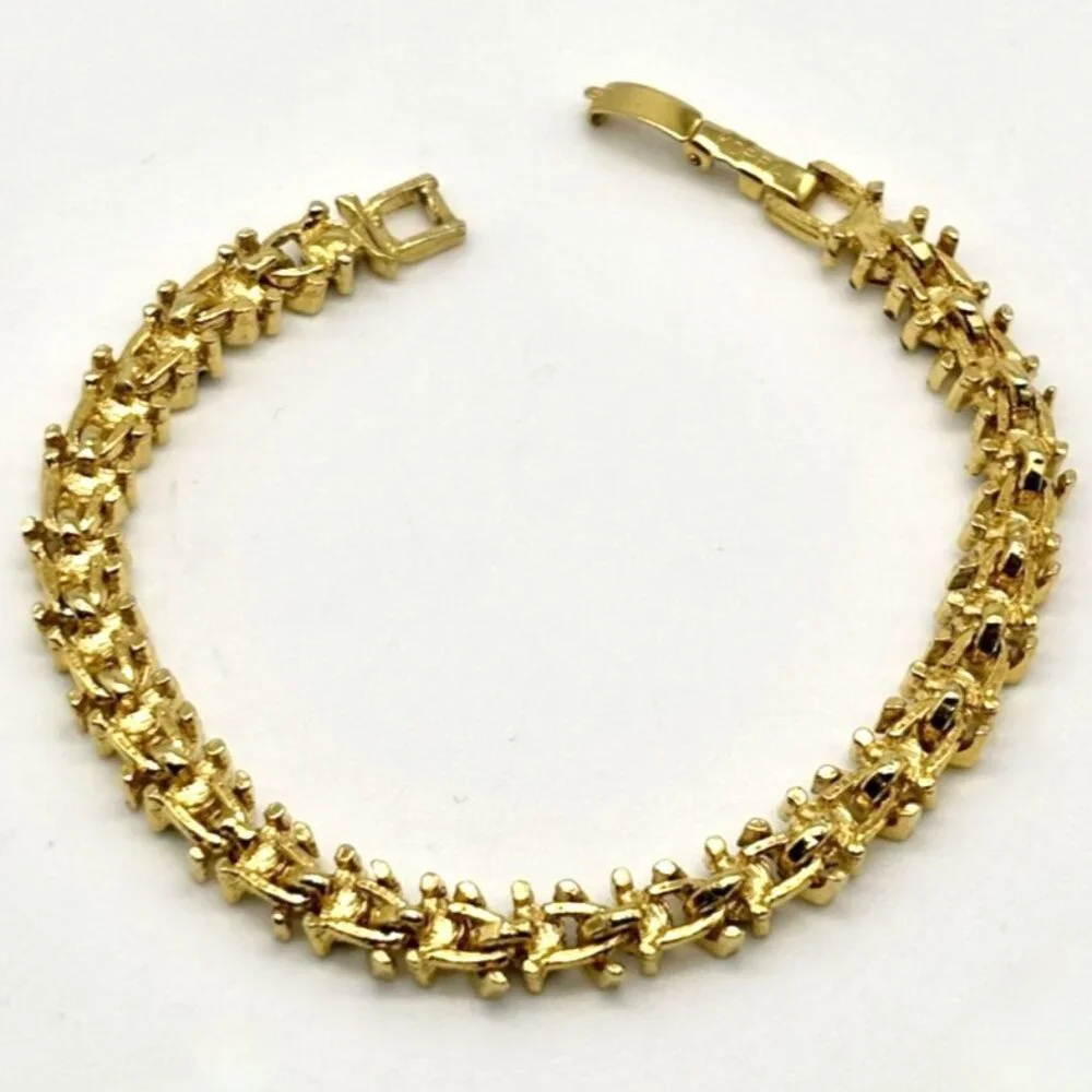 Vintage Gold Tone Metal and Faux Sapphire Faux Diamond Tennis Style Bracelet 80s - Picture 11 of 13